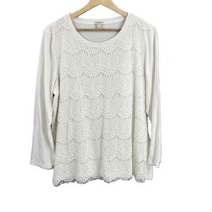 J.Crew White Knit Shirt Lace Overlay Long Sleeve Round Neck Top Womens Large